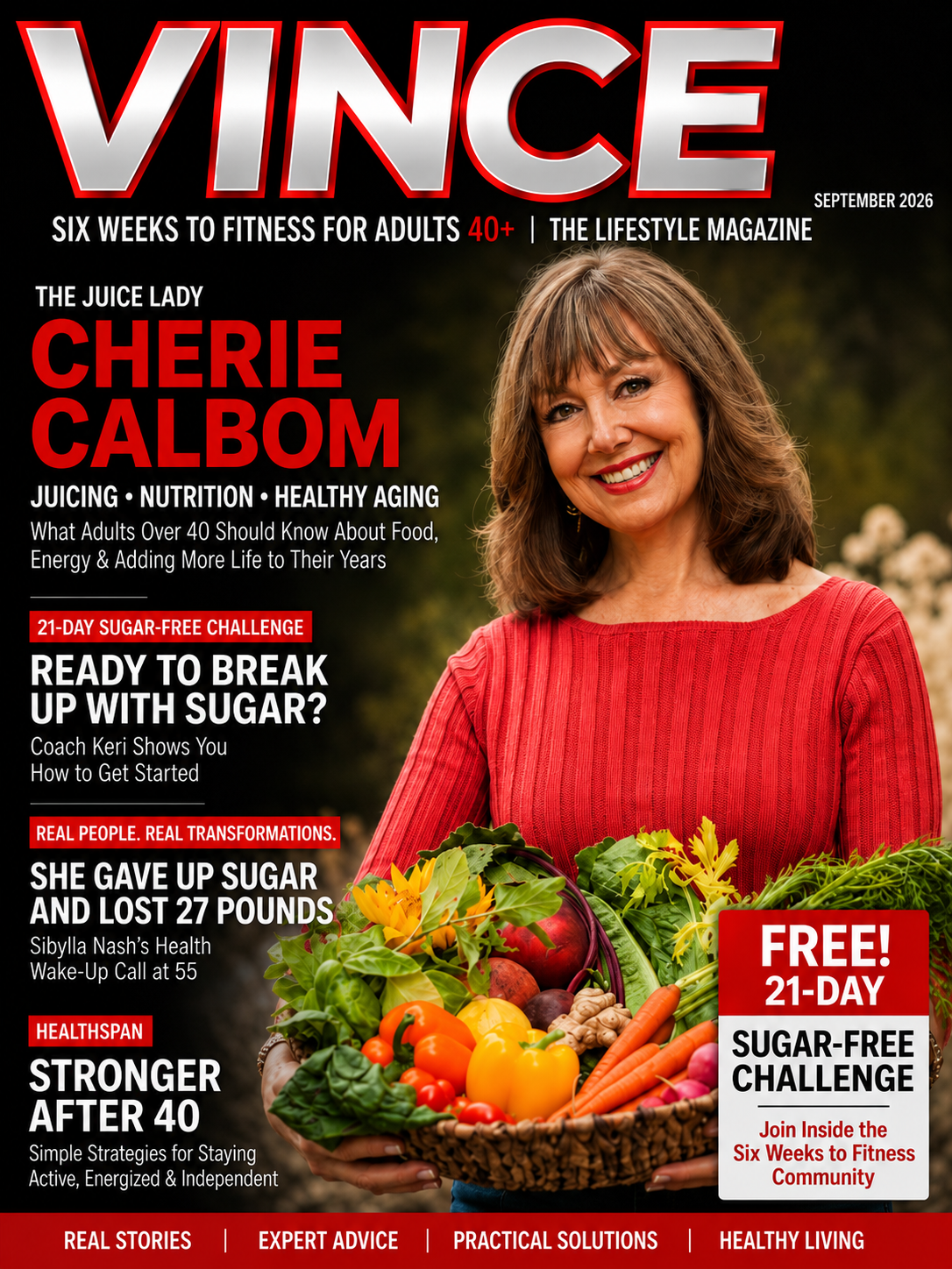 VINCE Lifestyle Magazine — September 2026 cover featuring Cherie Calbom, The Juice Lady